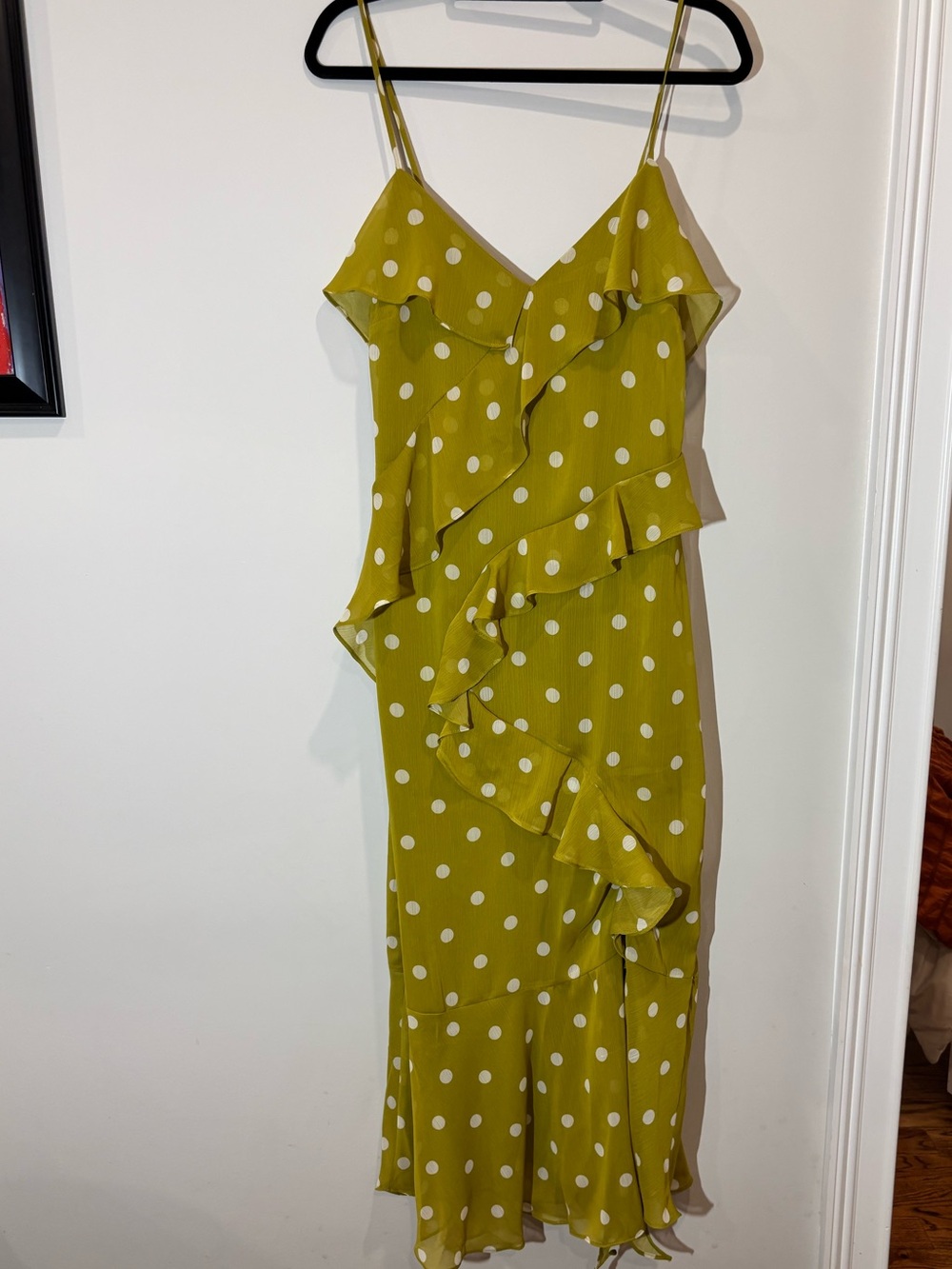 Polka Dot Ruffle Midi Dress - Yellow chartreuse
